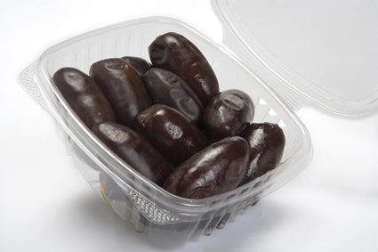 hayani dates in a rectangular transparent bowl