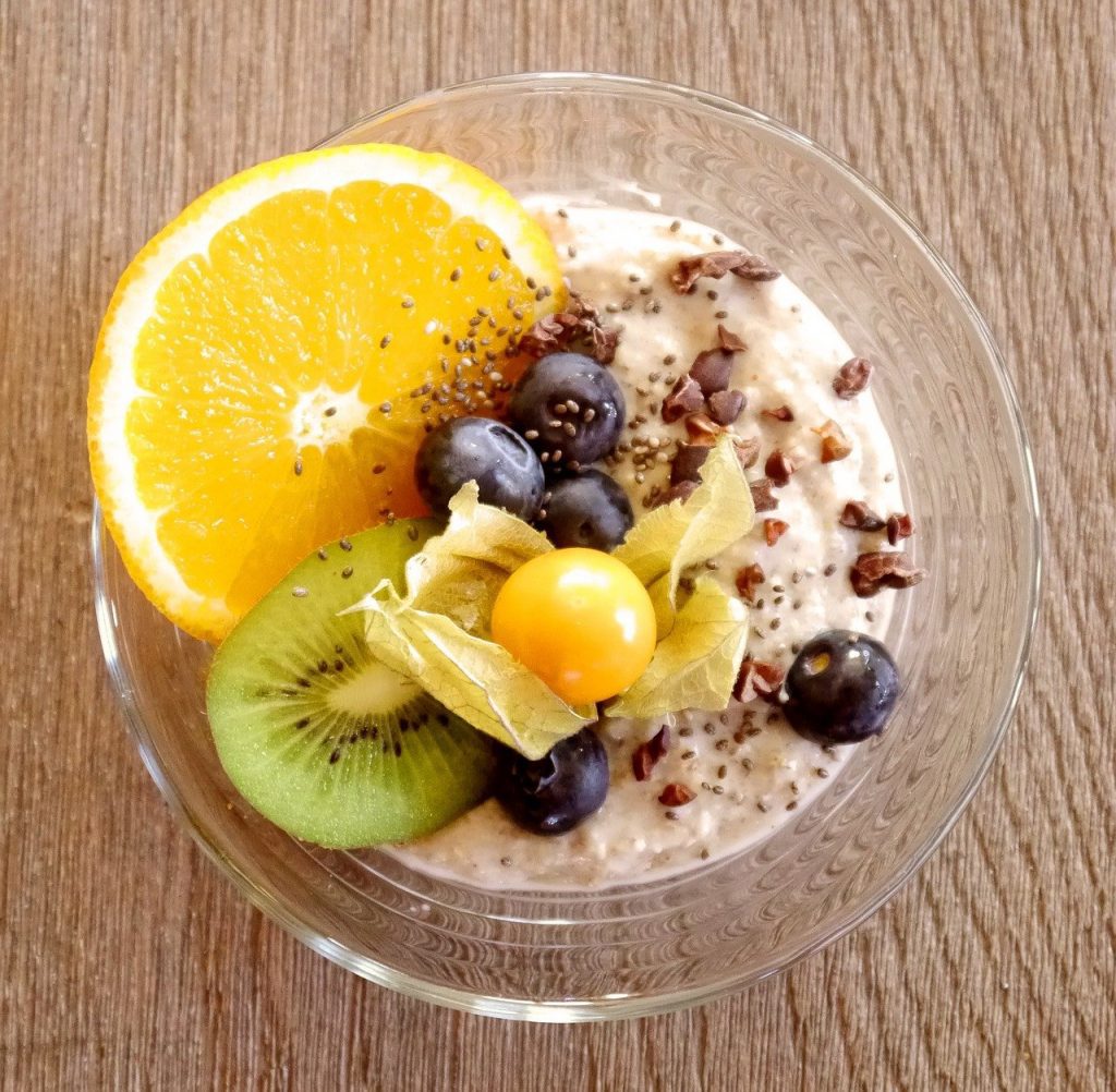 muesli served with slice of fruits and seeds