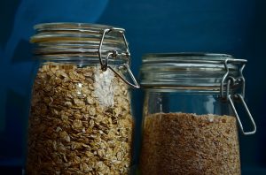 cereals stored in a transparent glass jar.