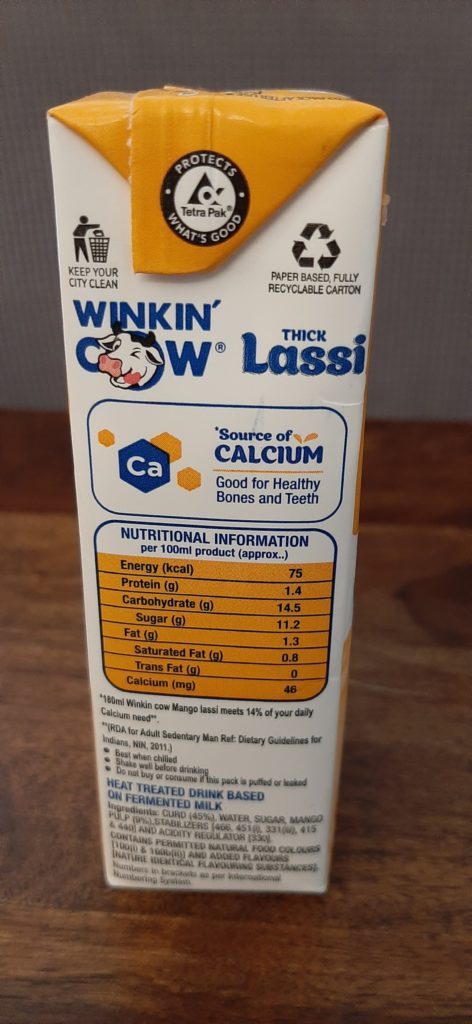 britannia winkin cow thick mango lassi nutritional info