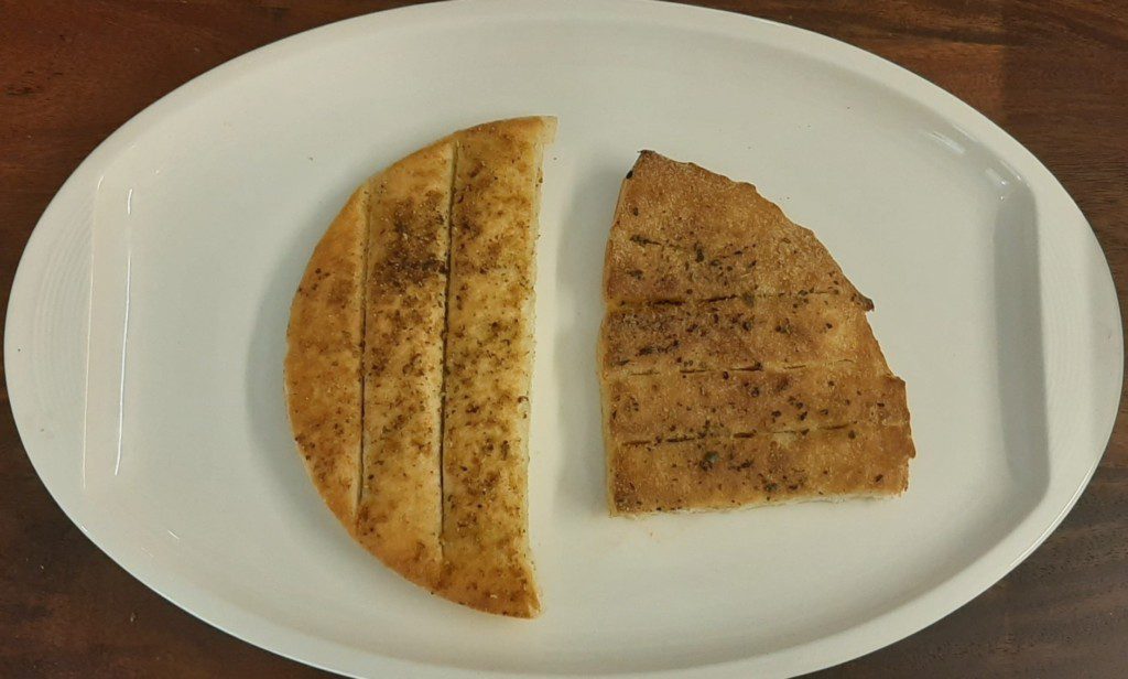 pizza hut garlic bread stix (l) vs. domino’s pizza garlic bread sticks (r)