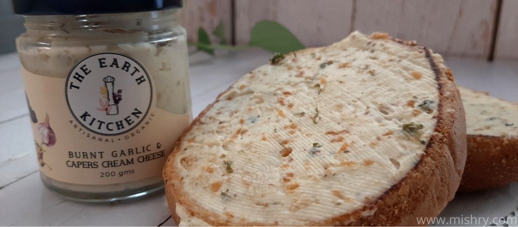 closer look at the earth kitchen garlic and caper cream cheese