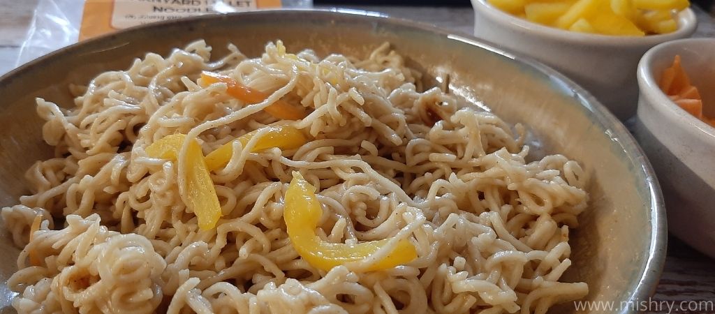 closer look at cooked barnyard millet noodles in a plate