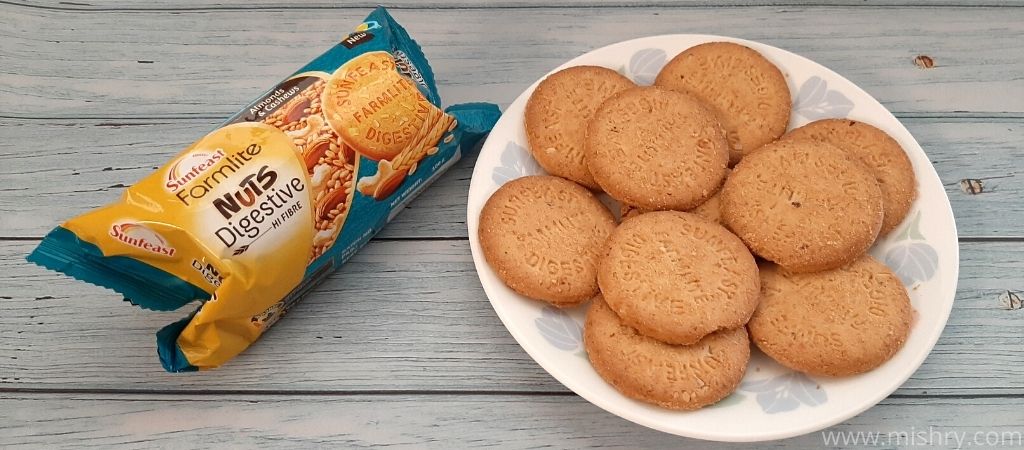 farmlite digestive biscuits packaging and contents in a plate