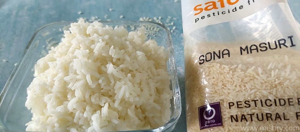 closer look at cooked sona masuri rice in a container