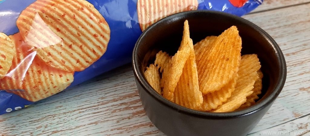 closer look at fun flips mix masala chips in a bowl