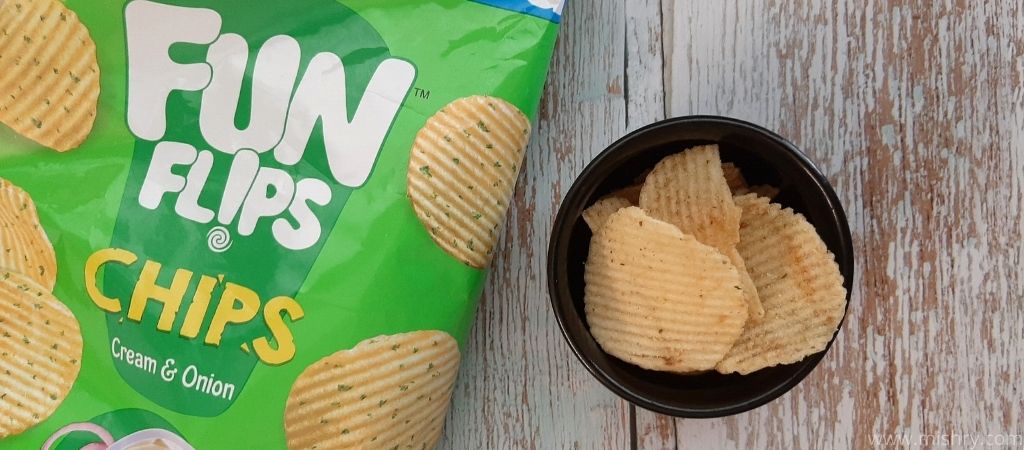 fun flips cream and onion chips in a bowl