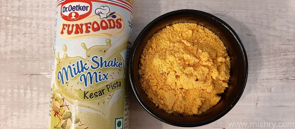 funfoods kesar pista milk shake mix contents in a bowl
