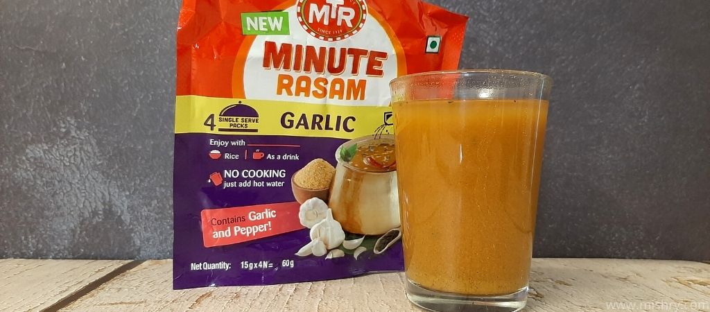 mtr minute garlic rasam after mixing with hot boiling water