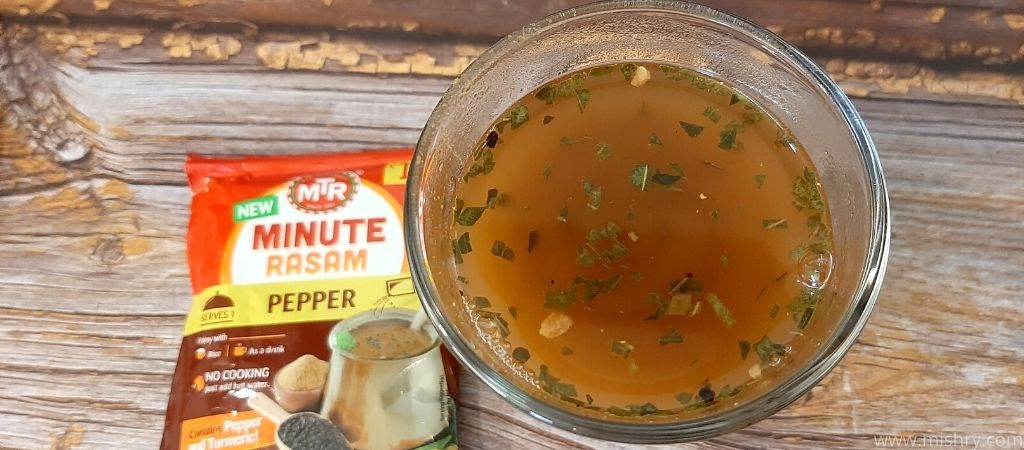 mtr minute pepper rasam after mixing with hot boiling water