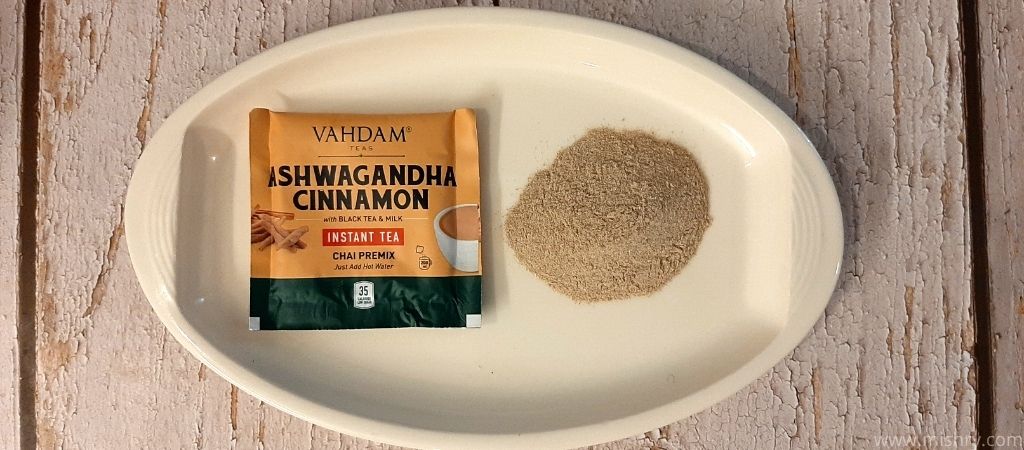 vahdam ashwagandha cinnamon tea mix on a plate
