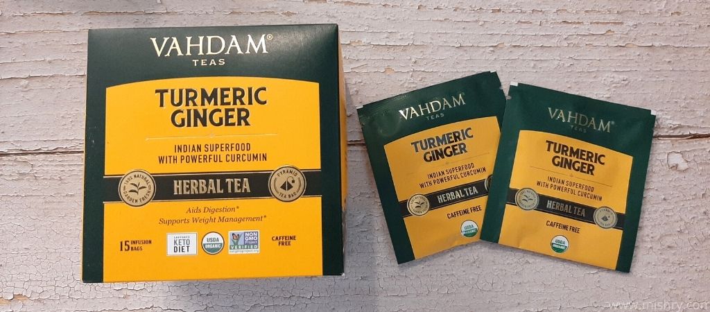 vahdam turmeric ginger herbal tea packaging