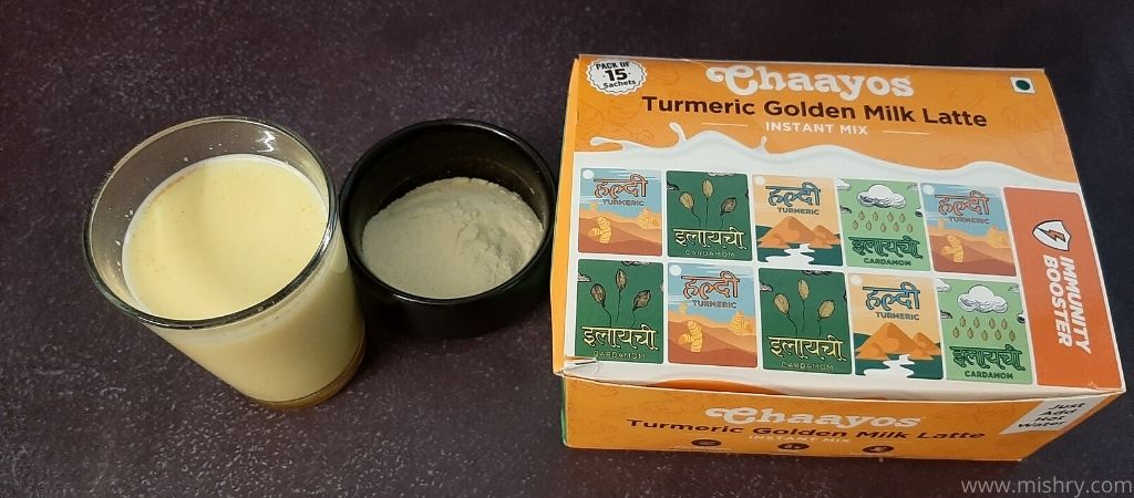 chaayos turmeric golden milk after mixing in hot water
