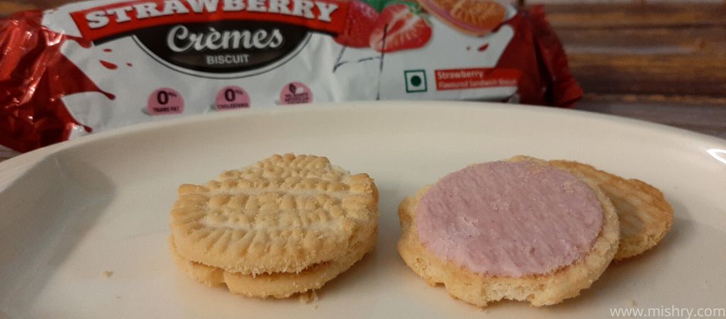 closer look at cremica strawberry cremes biscuits on a plate