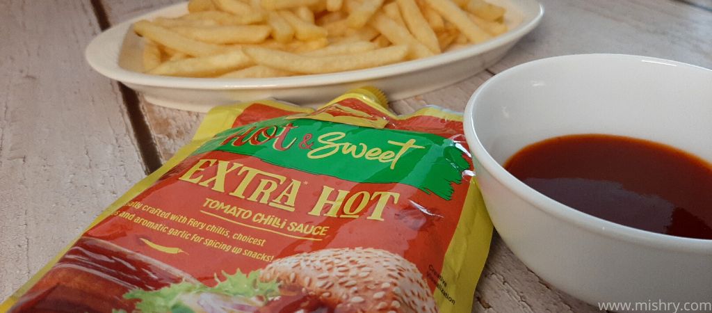 closer look at maggi extra hot tomato chilli sauce in a bowl