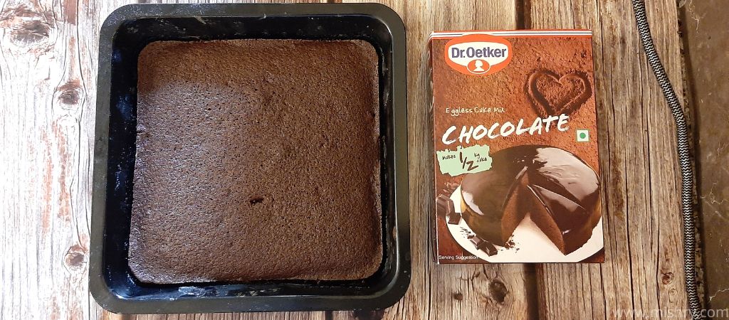 dr oetker chocolate eggless cake in the baking tin
