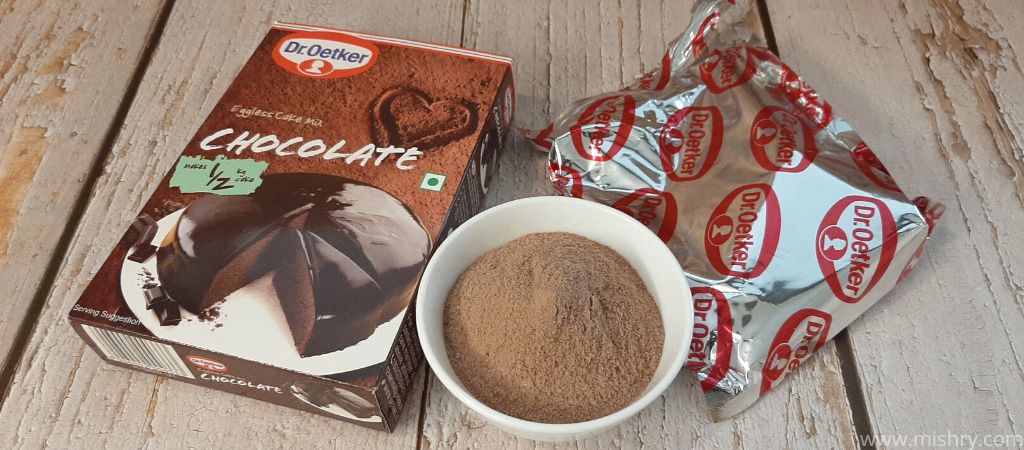 dr oetker chocolate eggless cake mix in a bowl