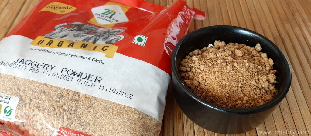 24 mantra organic jaggery powder in a bowl