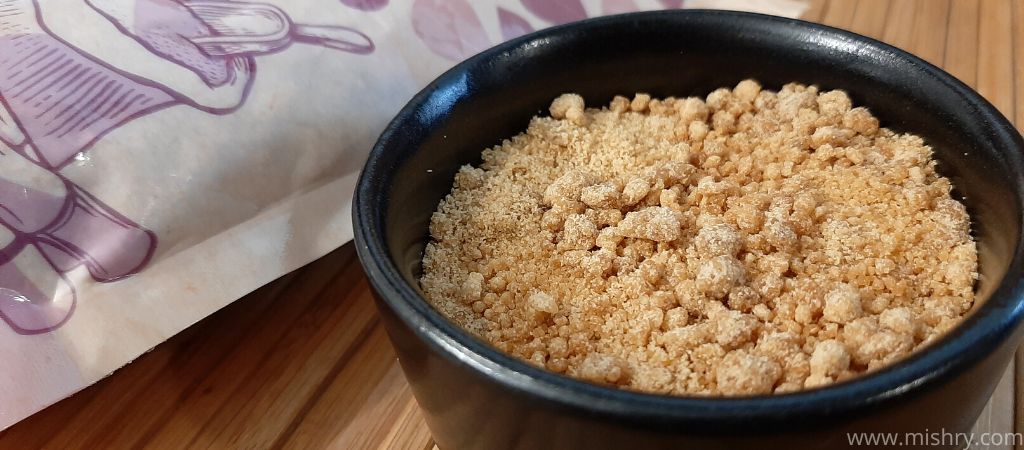 closer look at organic tattva organic jaggery powder in a bowl