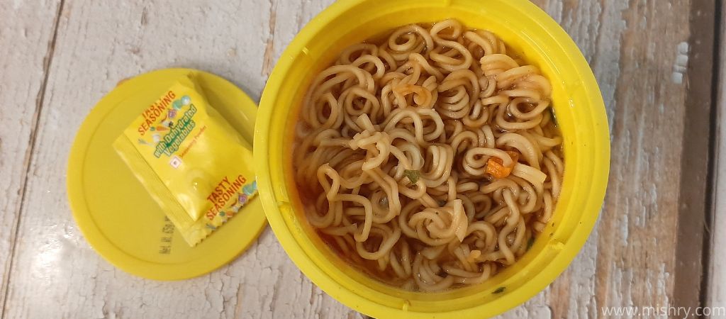 wai wai chicken flavour noodles in cup after cooking
