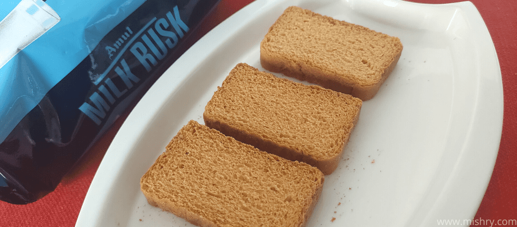 closer look at amul milk rusk on a tray