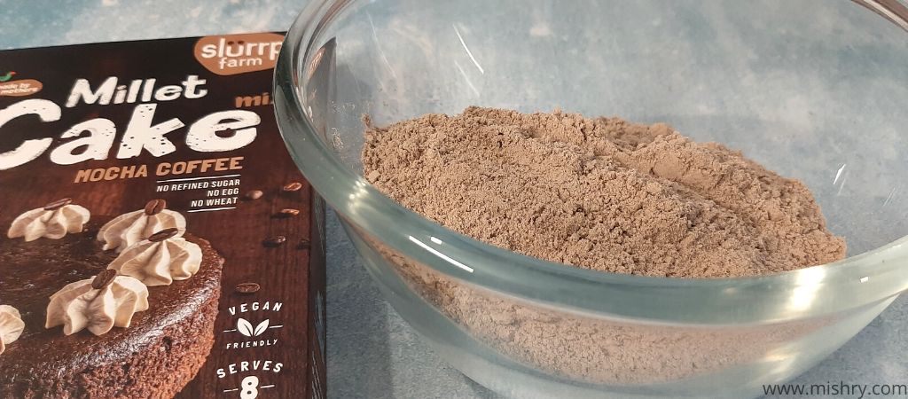 closer look at millet cake mocha coffee batter in a bowl