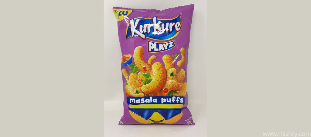 overhead view of kurkure playz masala puffs packaging