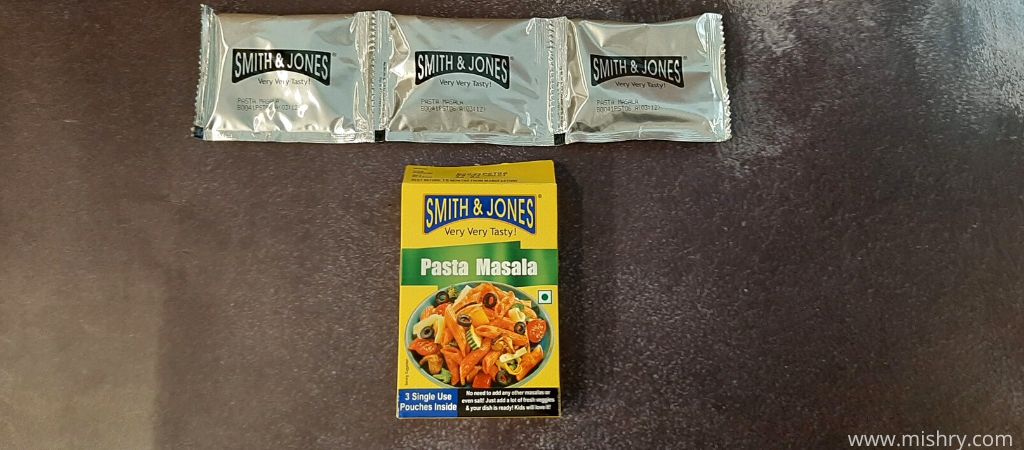 smith and jones pasta masala sachets on a table