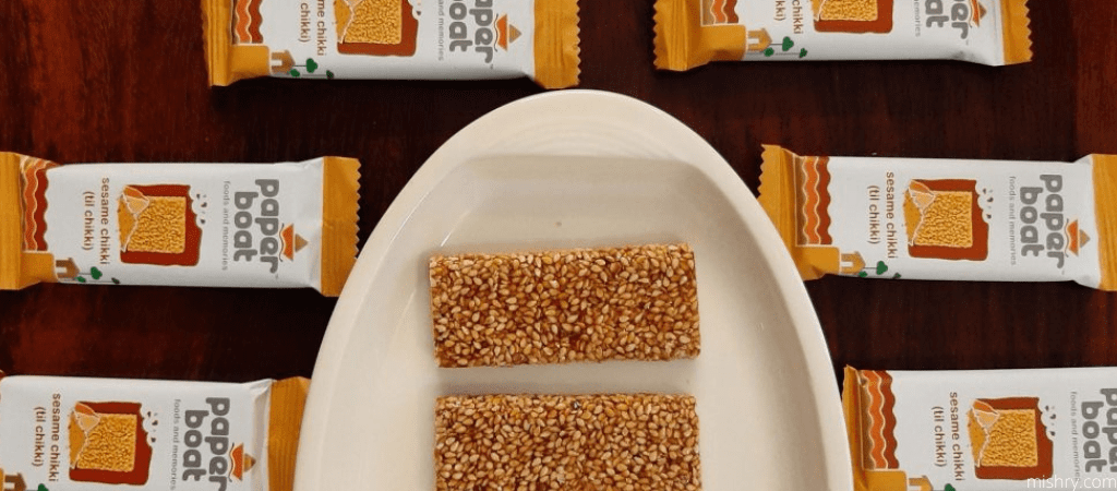 closer look at the paper boat sesame chikki