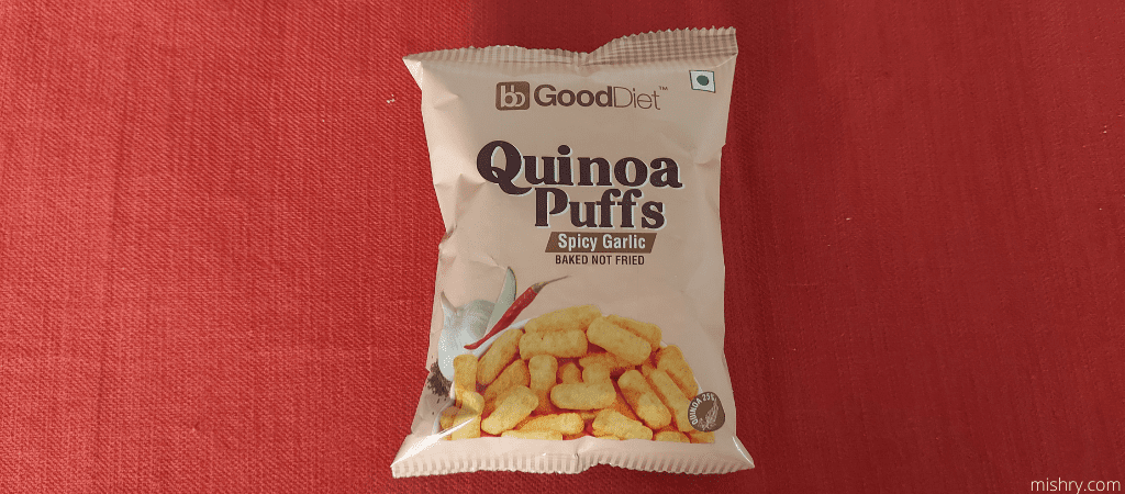 gooddiet spicy garlic quinoa puffs packaging