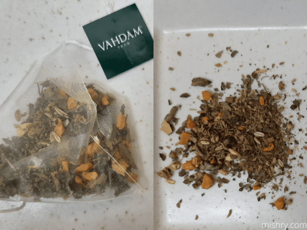 vahdam teas closer look at the contents of the tea bag