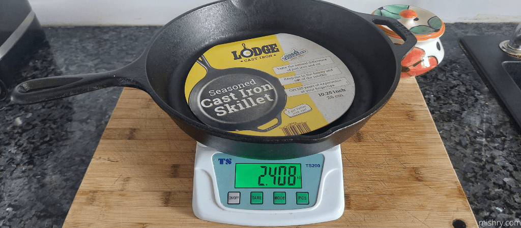 weighing lodge cast iron skillet