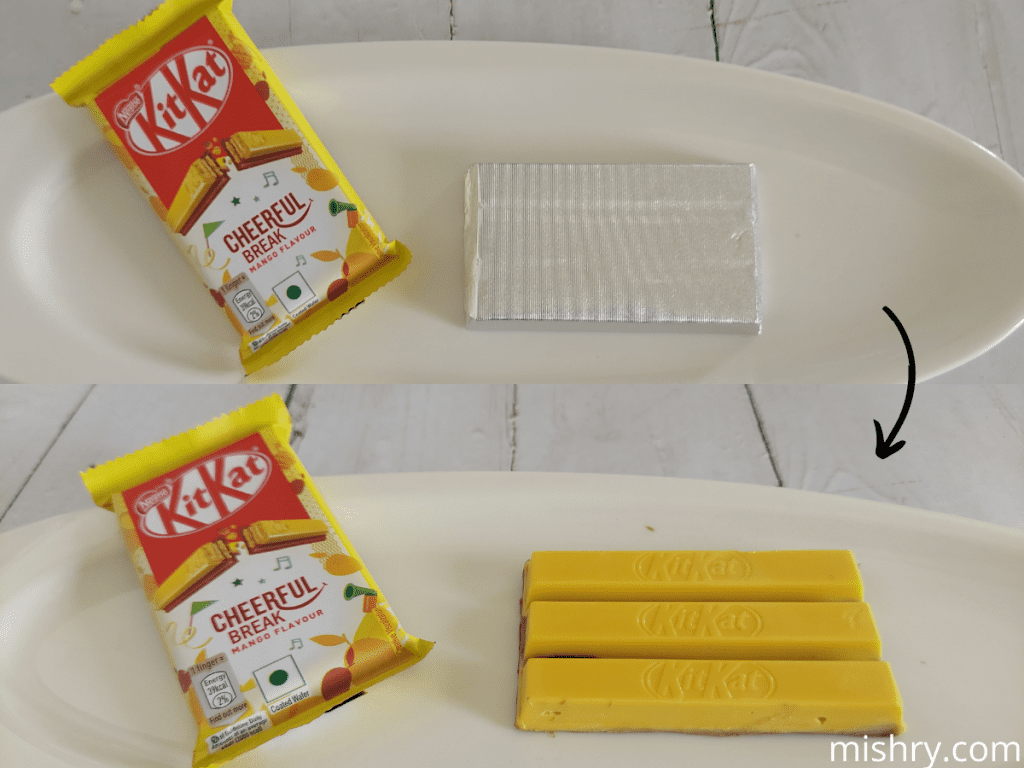the inside contents of nestle kitKat cheerful break mango flavor