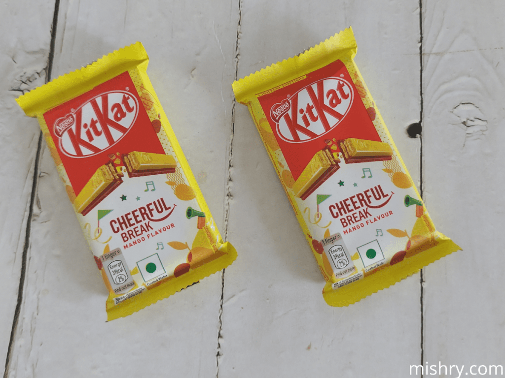 the packaging of nestle kitKat cheerful break mango flavor