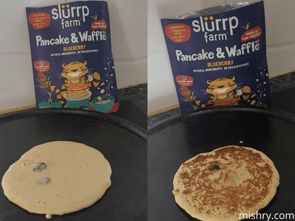 the pancakes being made using slurrp farm blueberry pancake & waffle mix