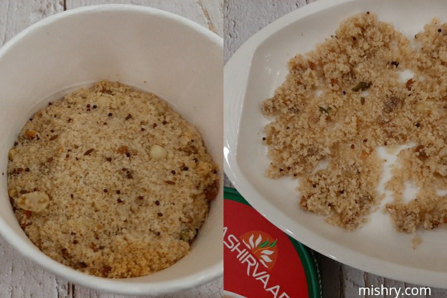 a close look at the itc aashirvaad instant veggie upma post cooking