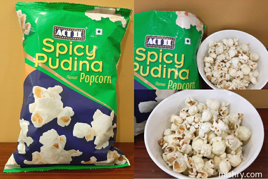 a closer look at the packaging and contents of act II spicy pudina flavor popcorn