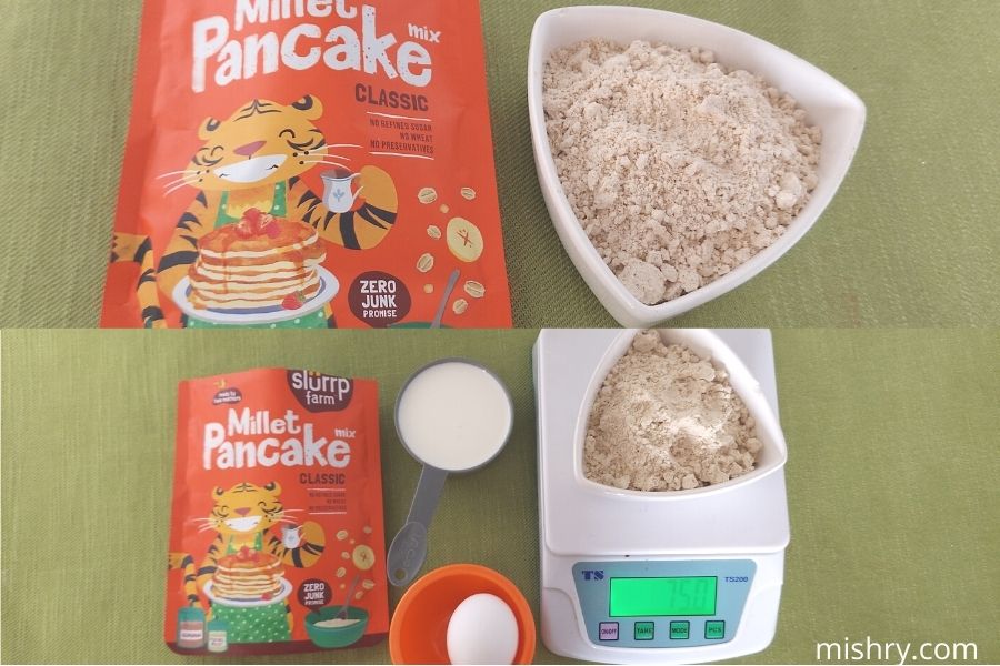 the dry powder and the other ingredients required for preparing the pancakes