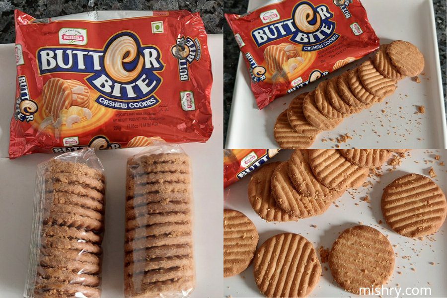 the outer packaging, inner packaging, and macro shot of priyagold butter bite cashew cookies