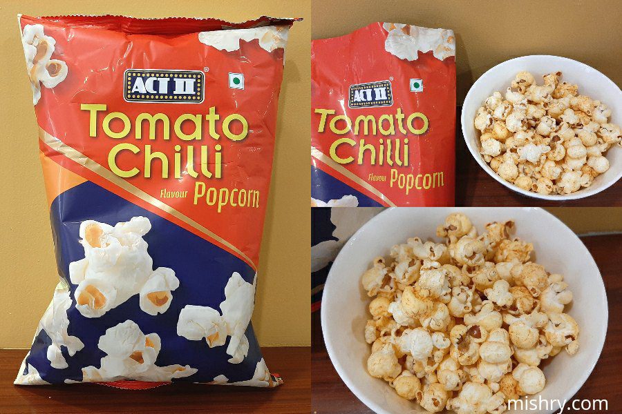 the packaging and closer look at the tomato chilli flavor popcorn