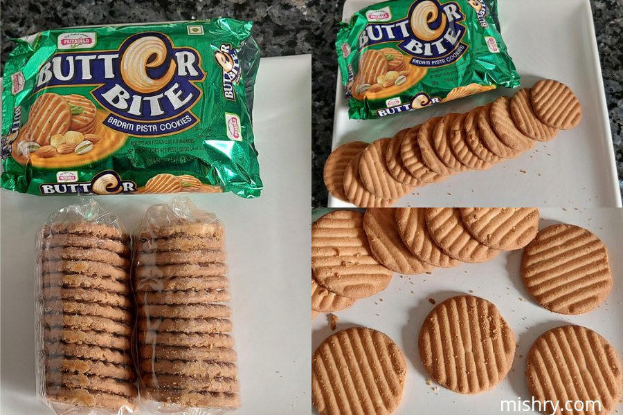 the packaging and macro shot of priyagold butter bites badam pista cookies