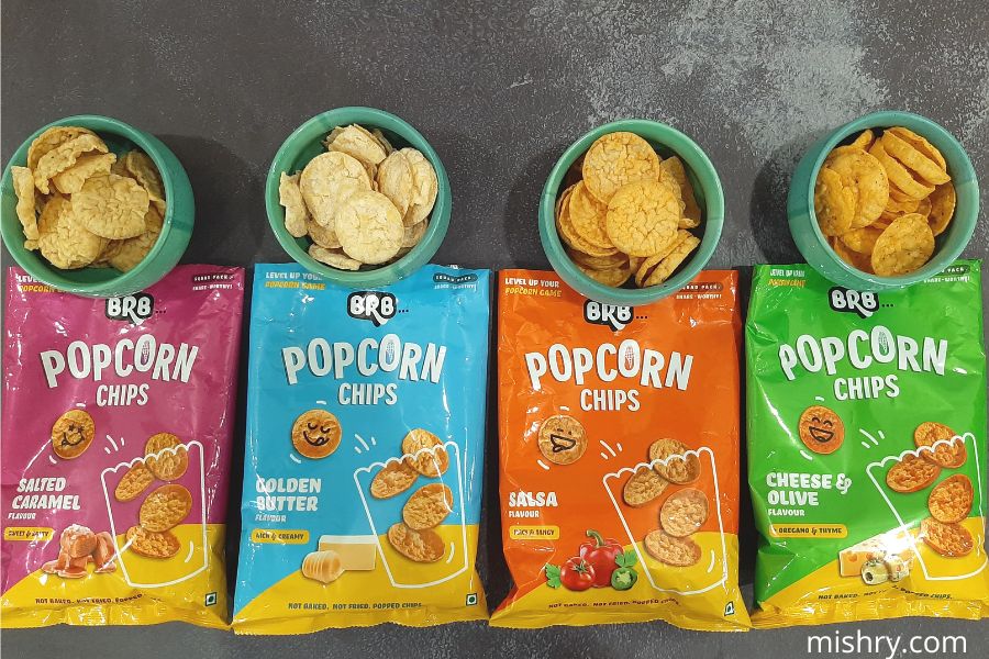 all the variants of brb popcorn chips placed side by side