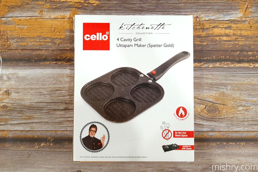the outer packaging of cello non-stick 4 cavity aluminum uttapam pan