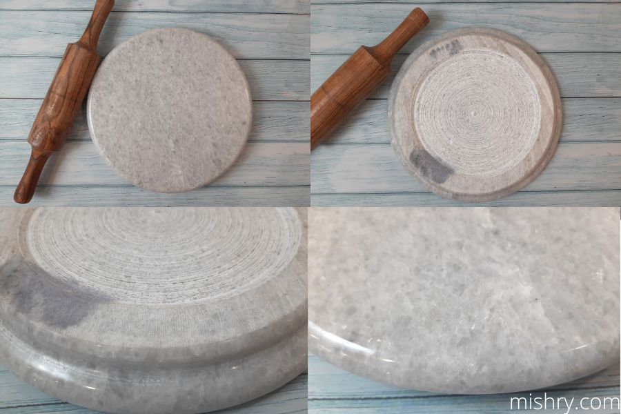 a close look at the marble chakla belan set from