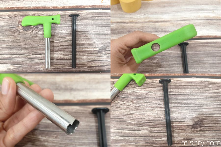 a closer look at tthe different parts of the coconut opener