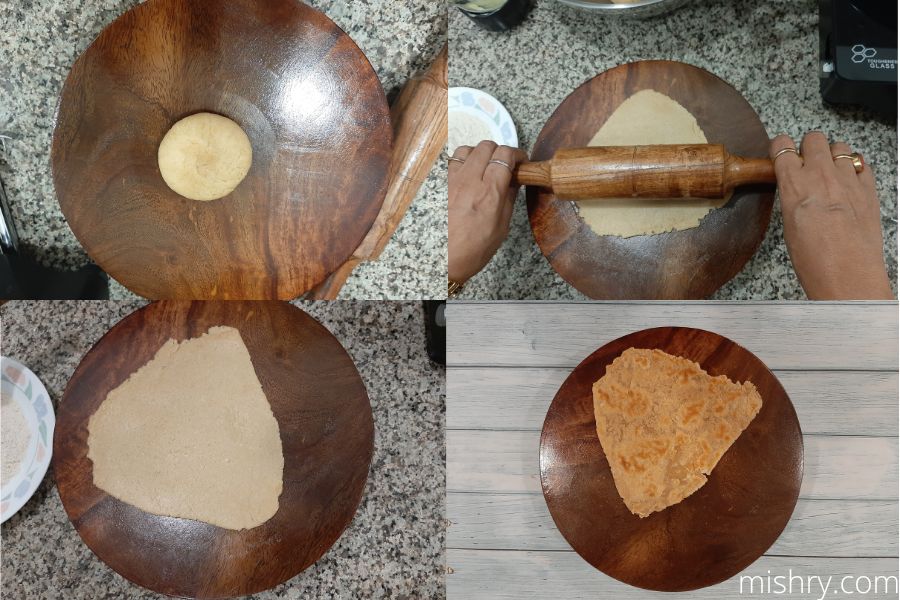 the paratha being made using the wooden chakla belan
