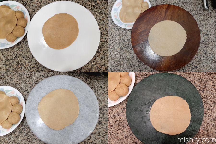 the rotis rolled our for preparing puris using the chakla belan sets of different materials