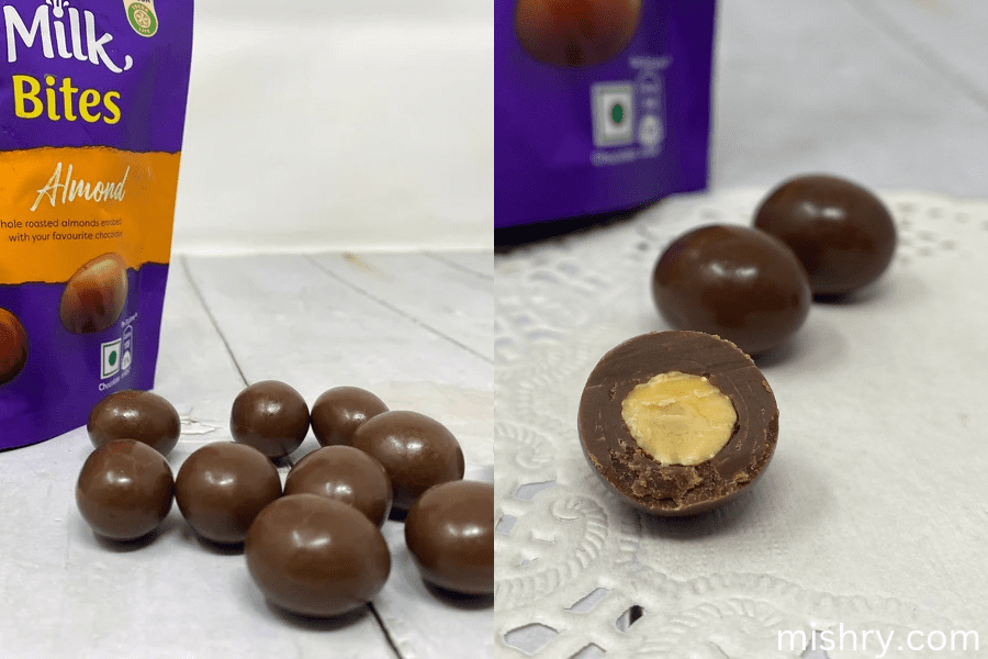 a close look at cadbury milk bites - almond