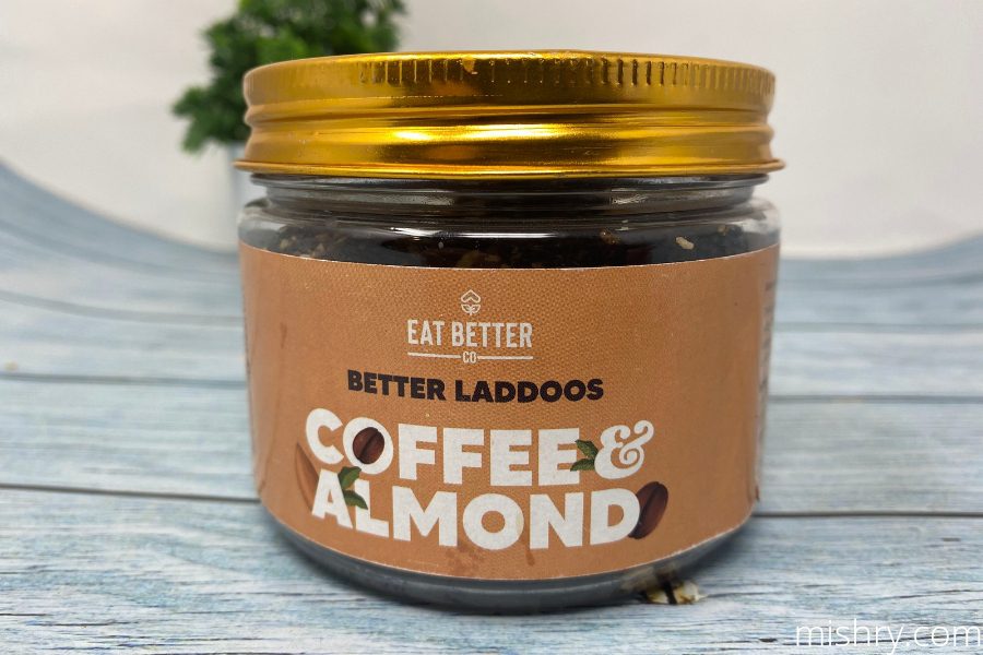 the packaging of eat better co. coffee and almond laddoos