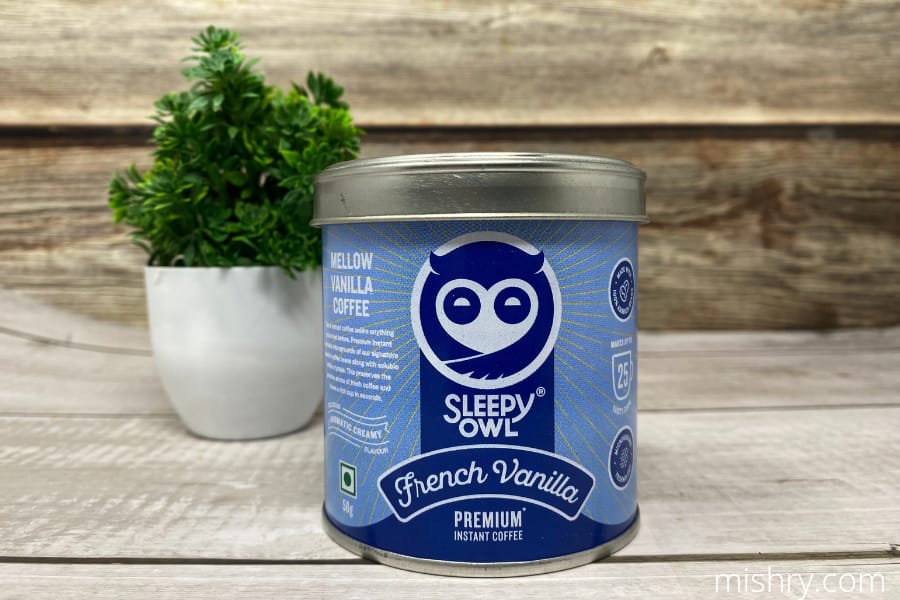 sleepy owl french vanilla instant coffee tin packaging